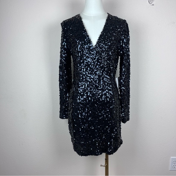 Venus Dress Womens Small Sequin Mini V Neck Long Sleeve Evening Date Party Blue - Picture 11 of 12